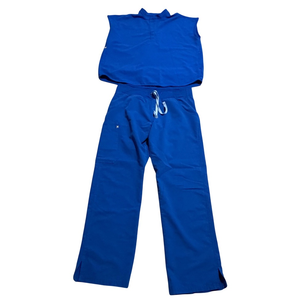 FIGS Women Royal Blue Scrub Set Rafaela Top S Kade Strght Leg Cargo Pant MPetite
